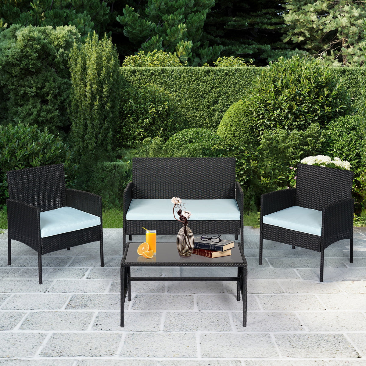 4 Piece Wicker Patio Conversation Set with Glass-Top Coffee Table & Gray Cushions V7590