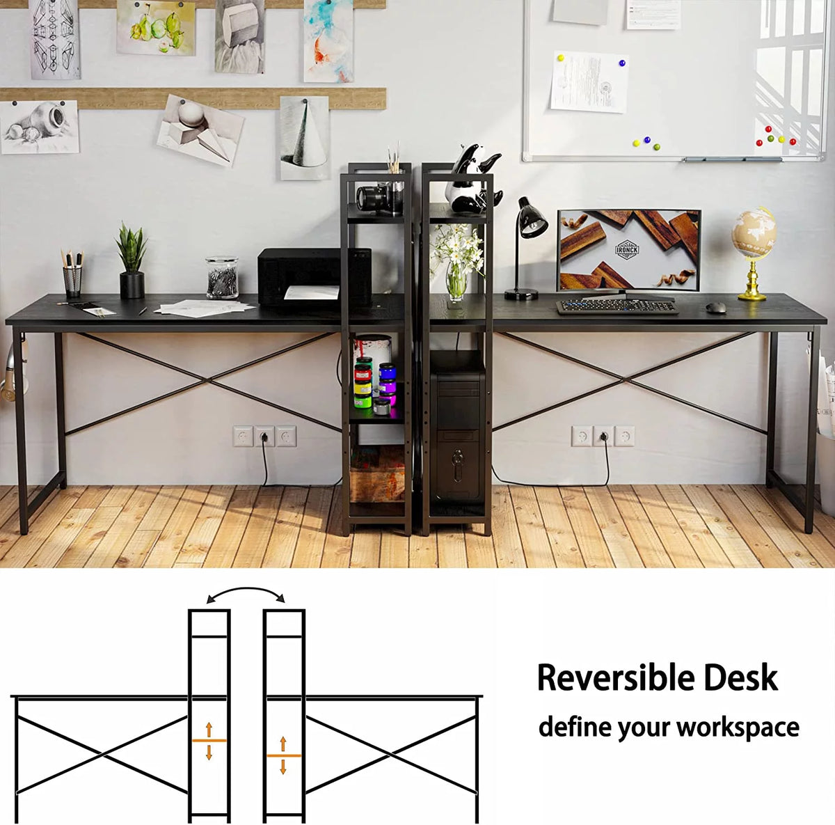 Black Computer Desk with Power Outlet and Storage Shelves A998660