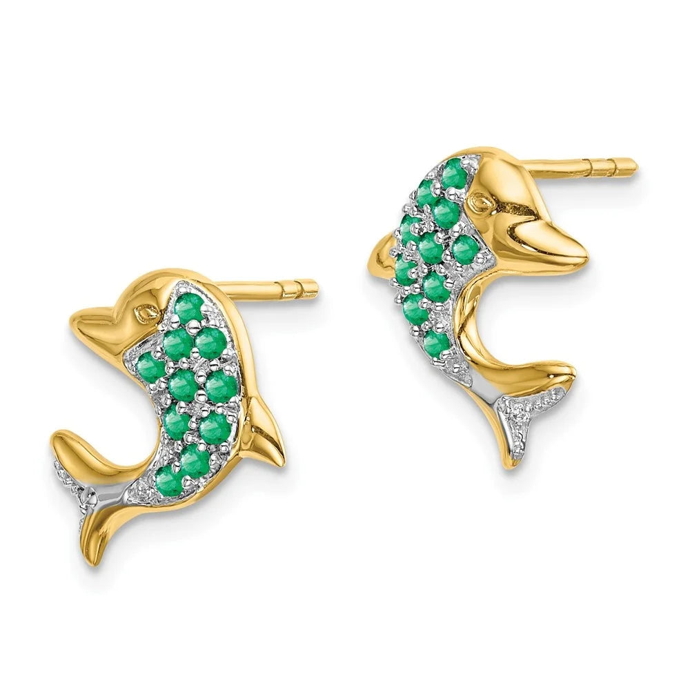 14k Yellow Gold Rhodium Marquise Emerald and Diamond Dolphin Stud Earrings E125