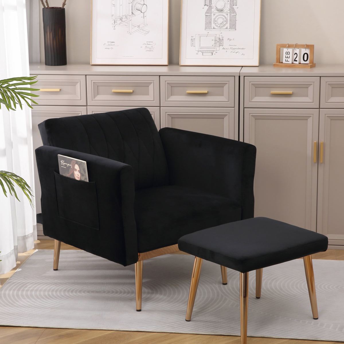 Velvet Accent Chair Set with Ottoman F1522