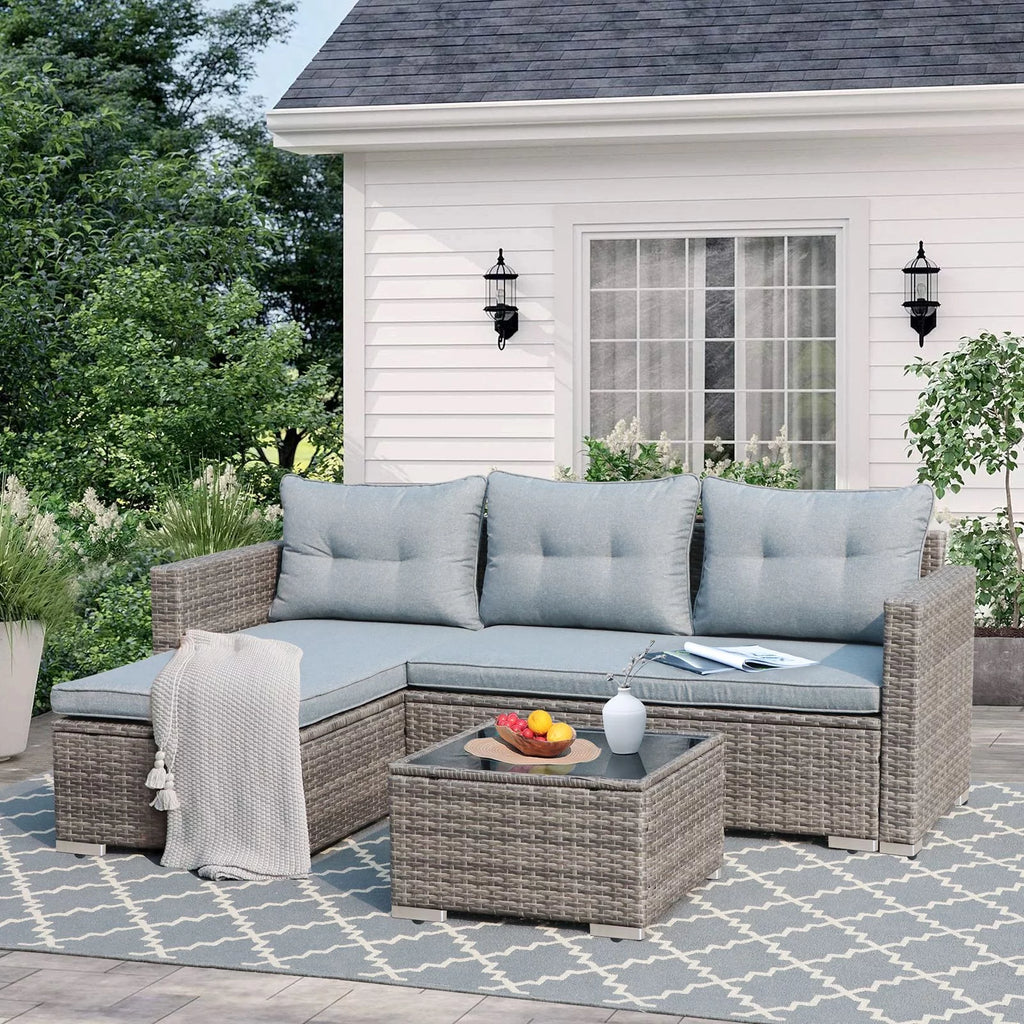 5-Piece Grey Rattan Outdoor Sectional Sofa Set with Glass Coffee Table G8082