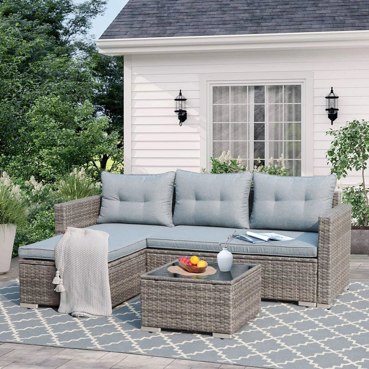 5-Piece Grey Rattan Outdoor Sectional Sofa Set with Glass Coffee Table G8082