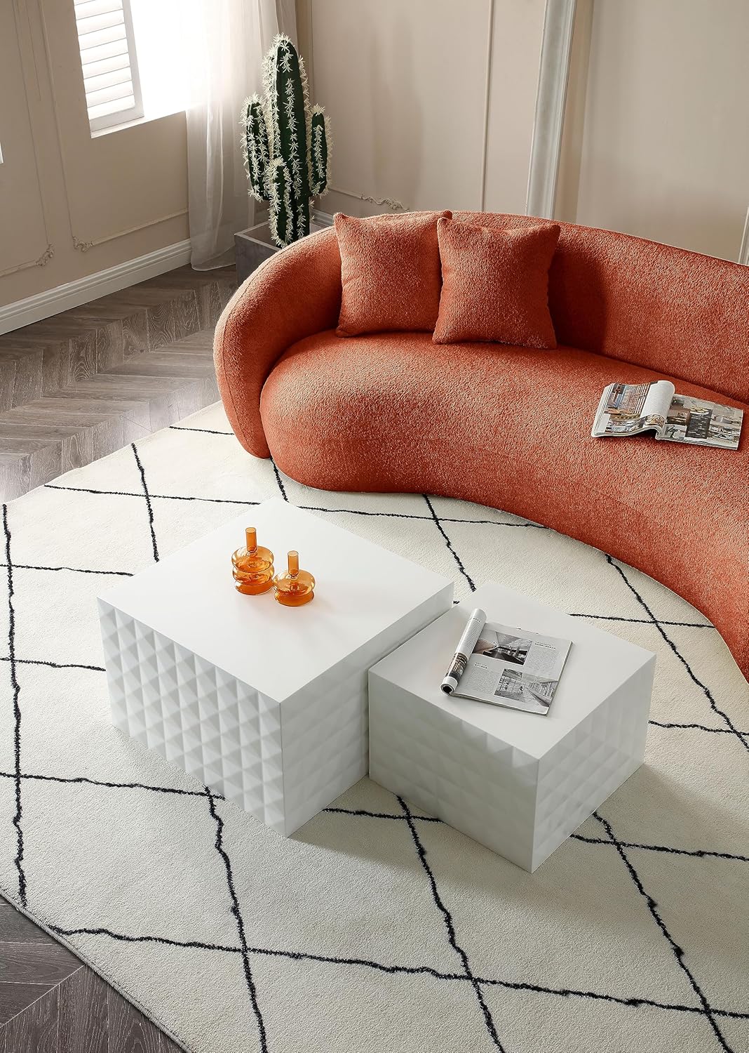 Orange Boucle 5 Seater Curved Sofa P5005