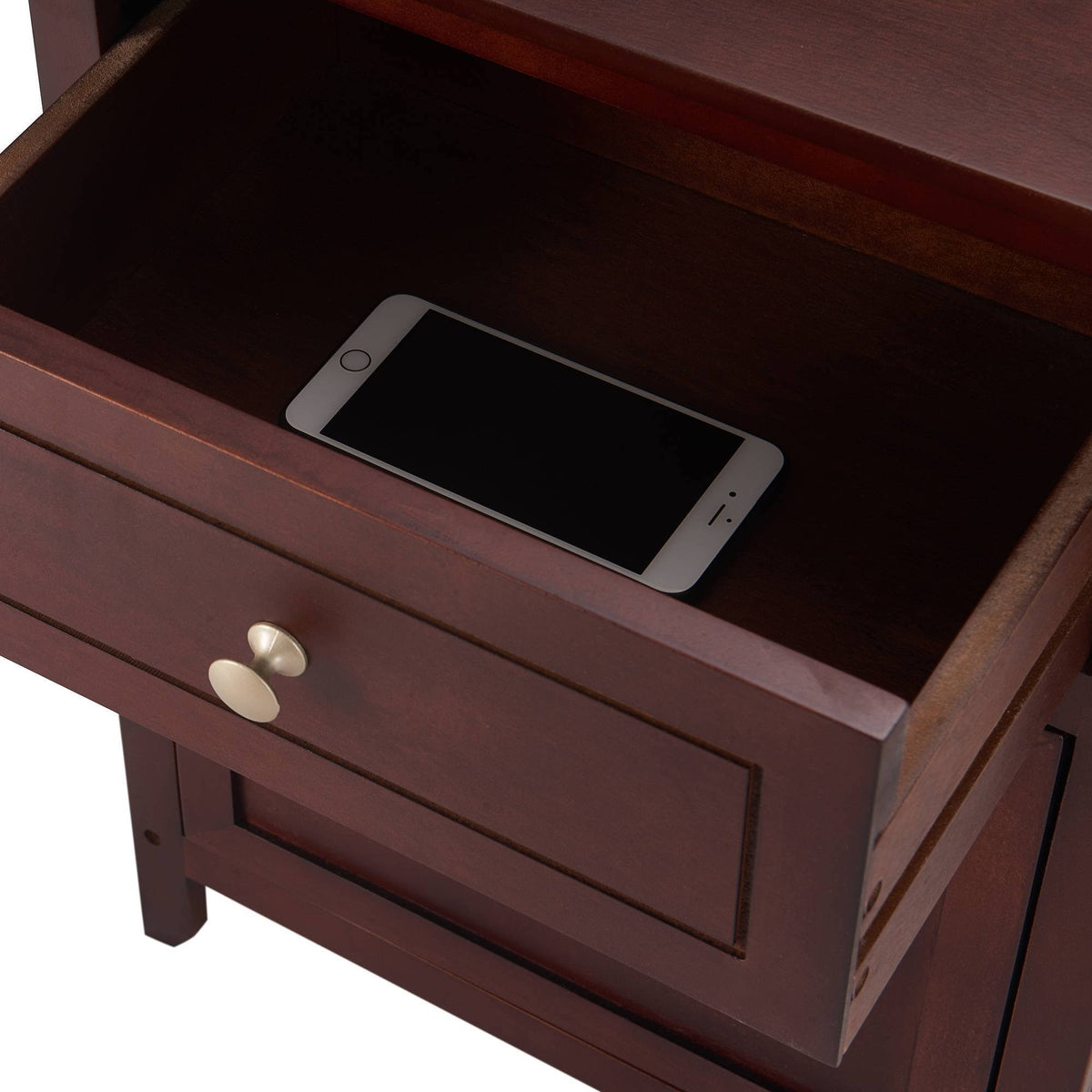 Walnut Side Table with Drawer and Storage Cabinet O892403