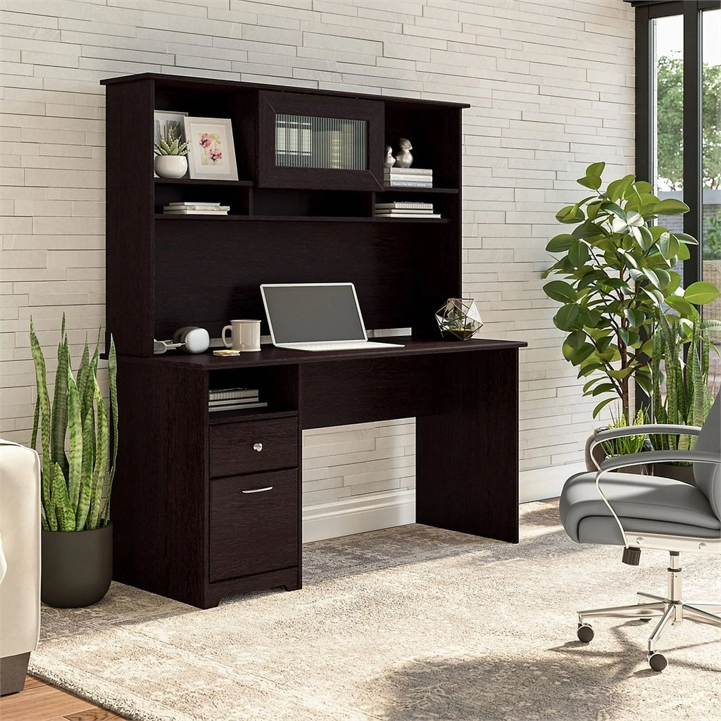 60" Contemporary Wood Desk with Hutch in Espresso Oak Y411