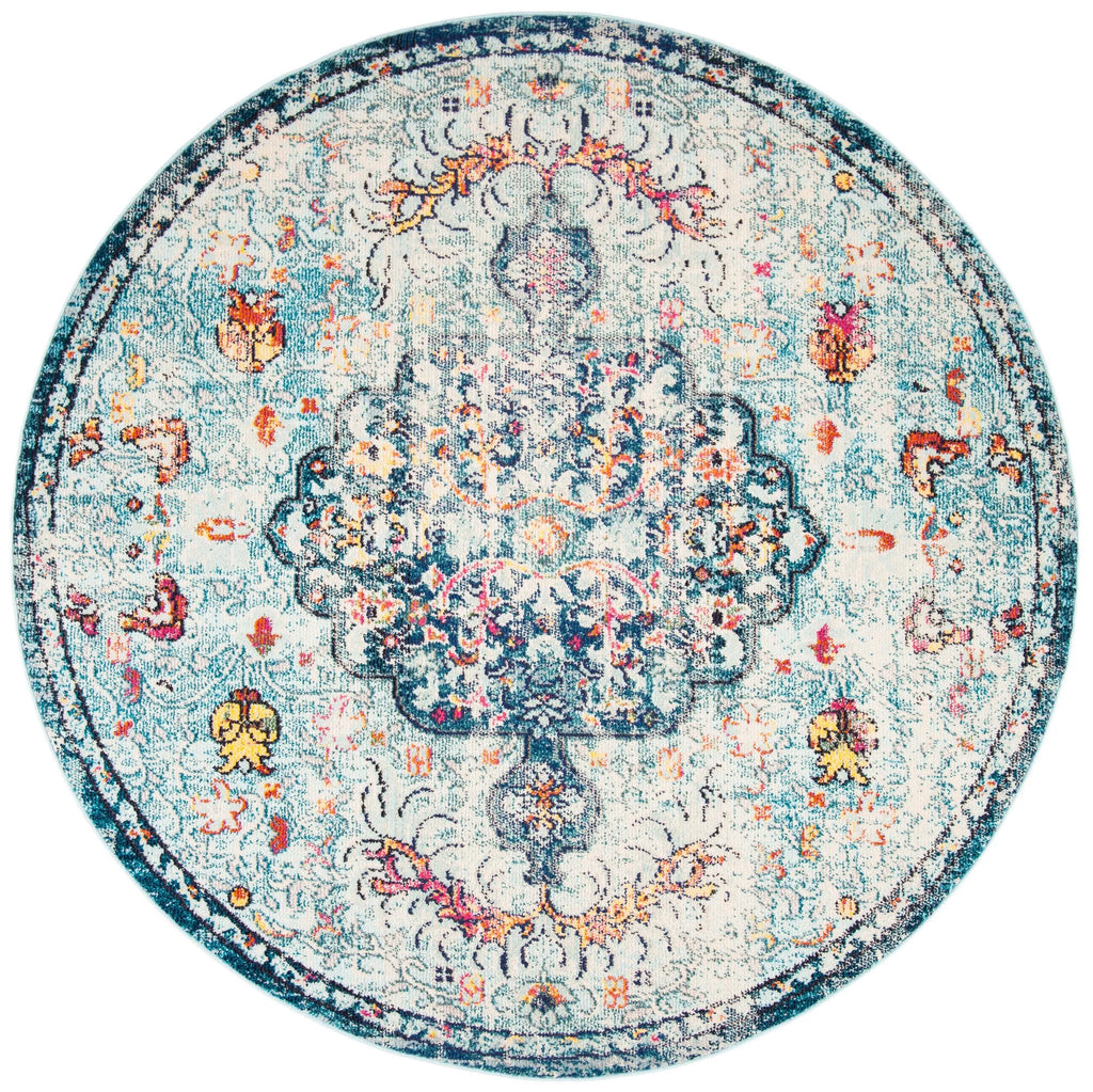 Navy Light Blue Vintage Floral Round Area Rug Y77069