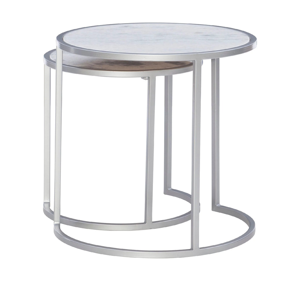 Round Nesting Tables Set of 2 Silver Metal White Marble Tops Y16648