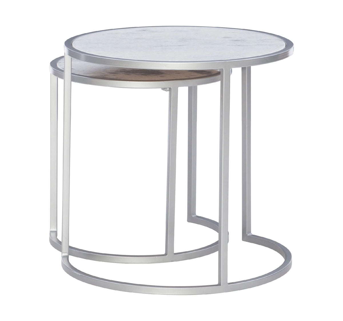 Round Nesting Tables Set of 2 Silver Metal White Marble Tops Y16648