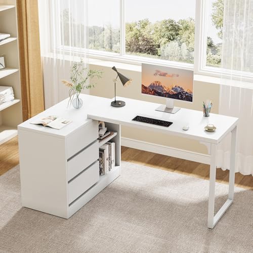 L-Shaped Computer Desk with Drawers and Shelves D398