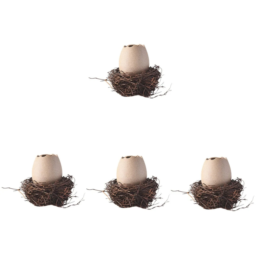 4 Sets Small Ceramic Vase Succulent Planter with Bird Nest N33111