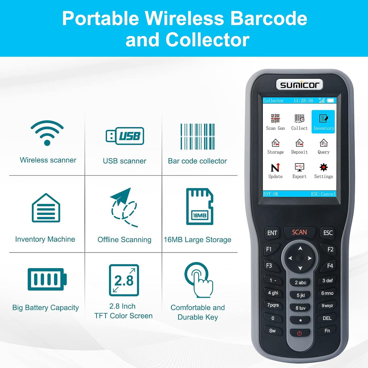 Wireless 2.4 Ghz Handheld Barcode Scanner with 2.8'' HD Screen F9908