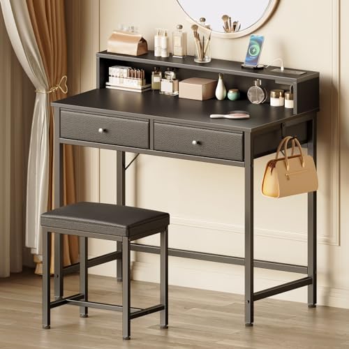 Black Vanity Desk with Drawers and Charging Station U438