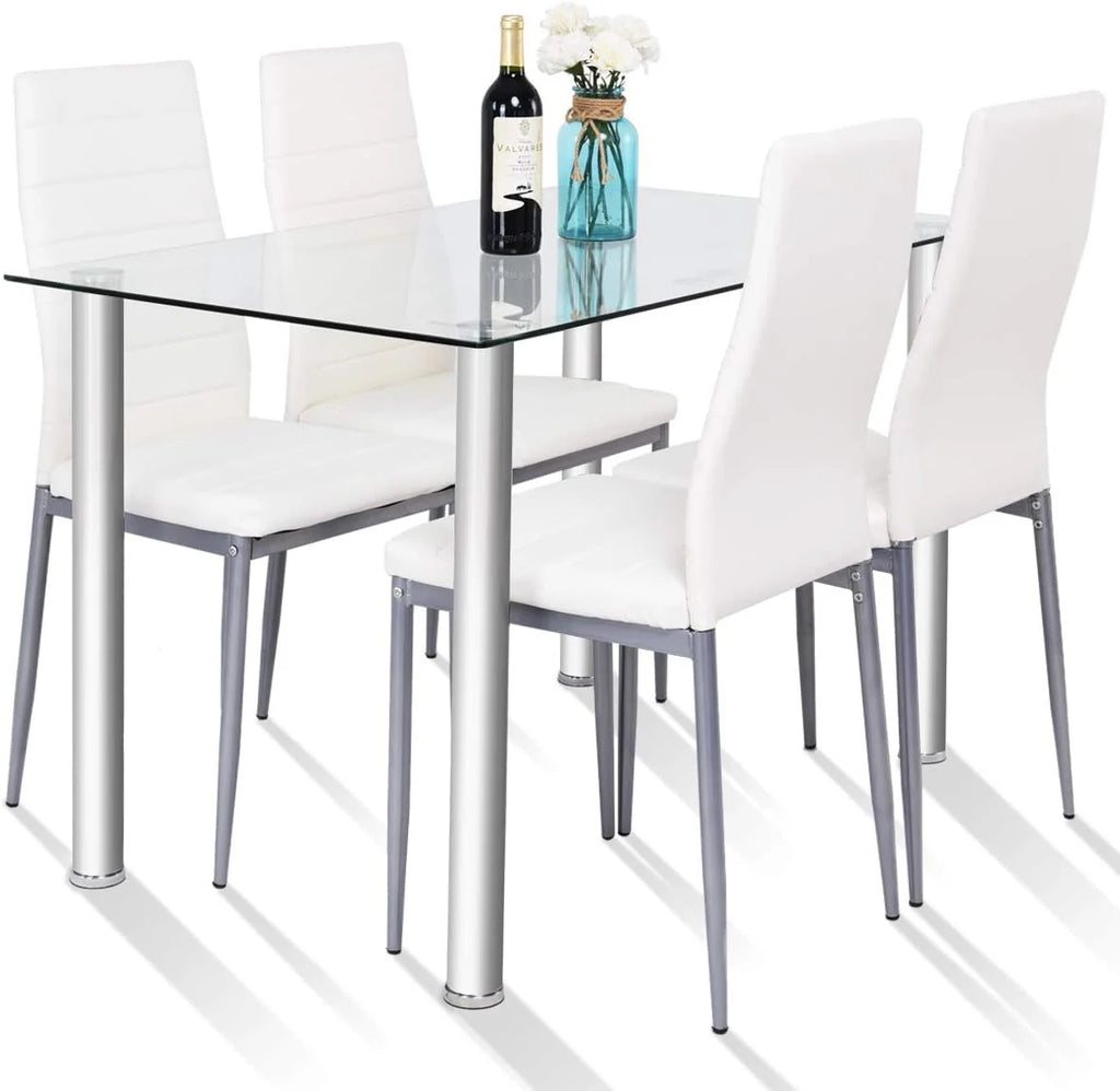 Glass Top Dining Table Set of 4 with PVC Leather Chairs U4151