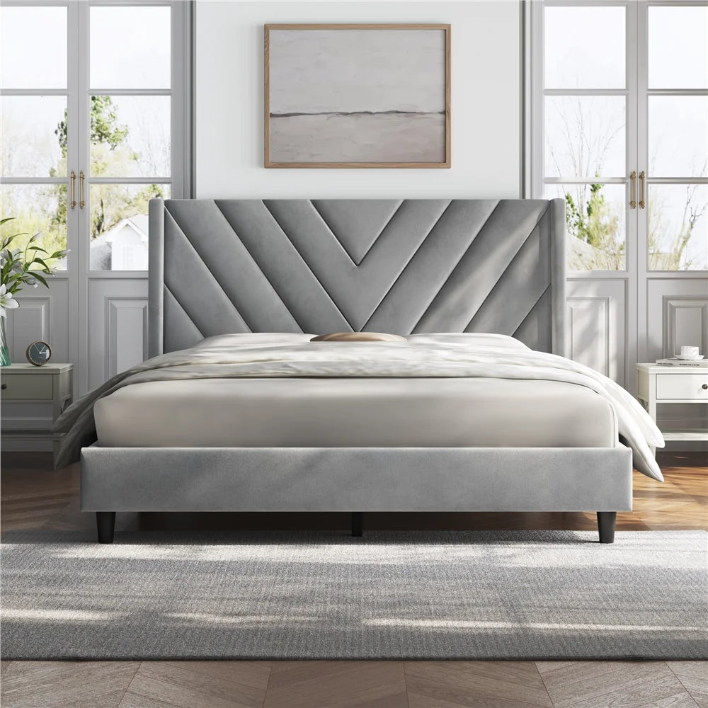 Queen Upholstered Platform Bed with Slat Support I197