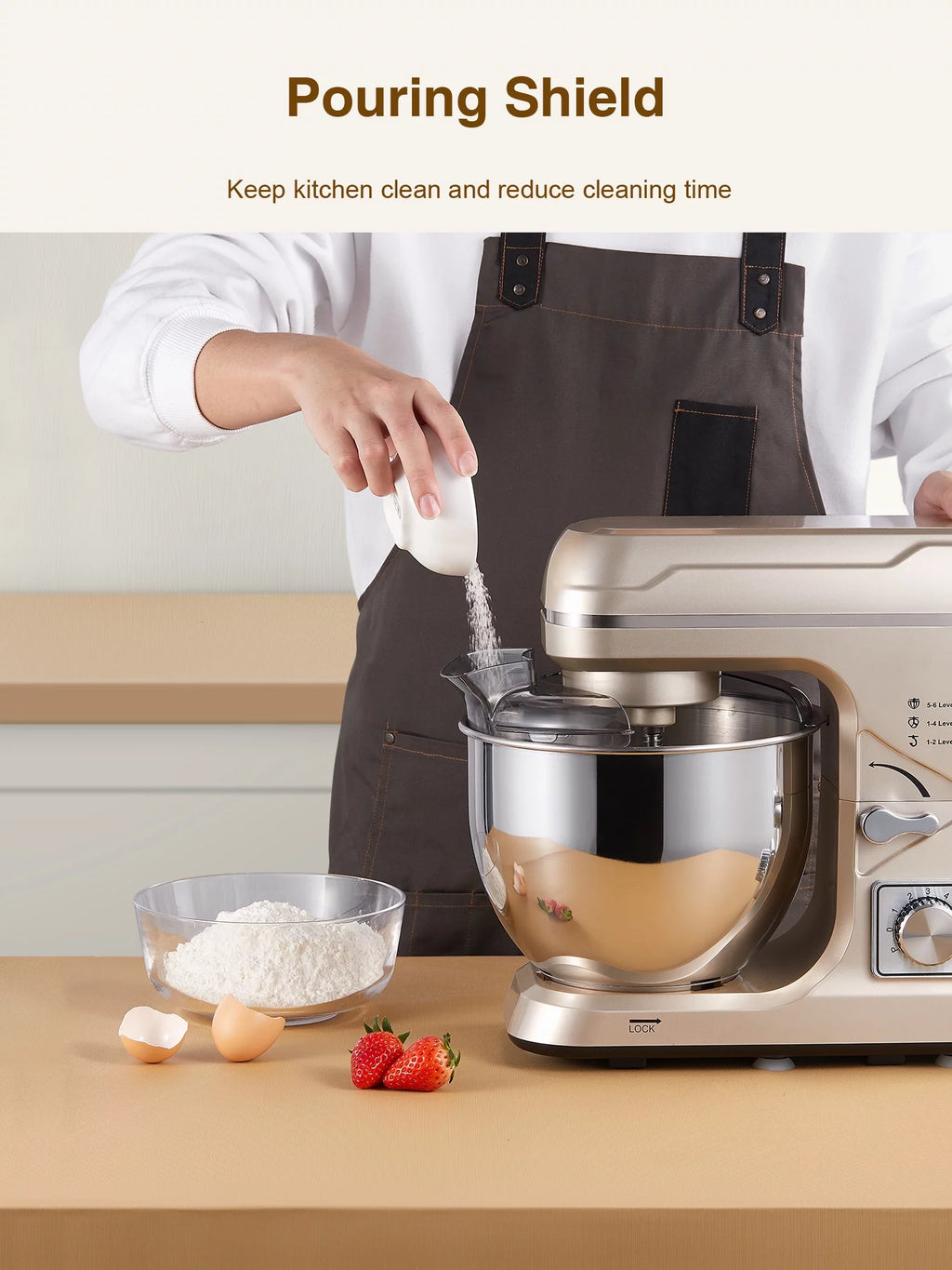 5.5QT Tilt-Head Stand Mixer with Dough Hook, Whisk & Beater, Gold Y234469
