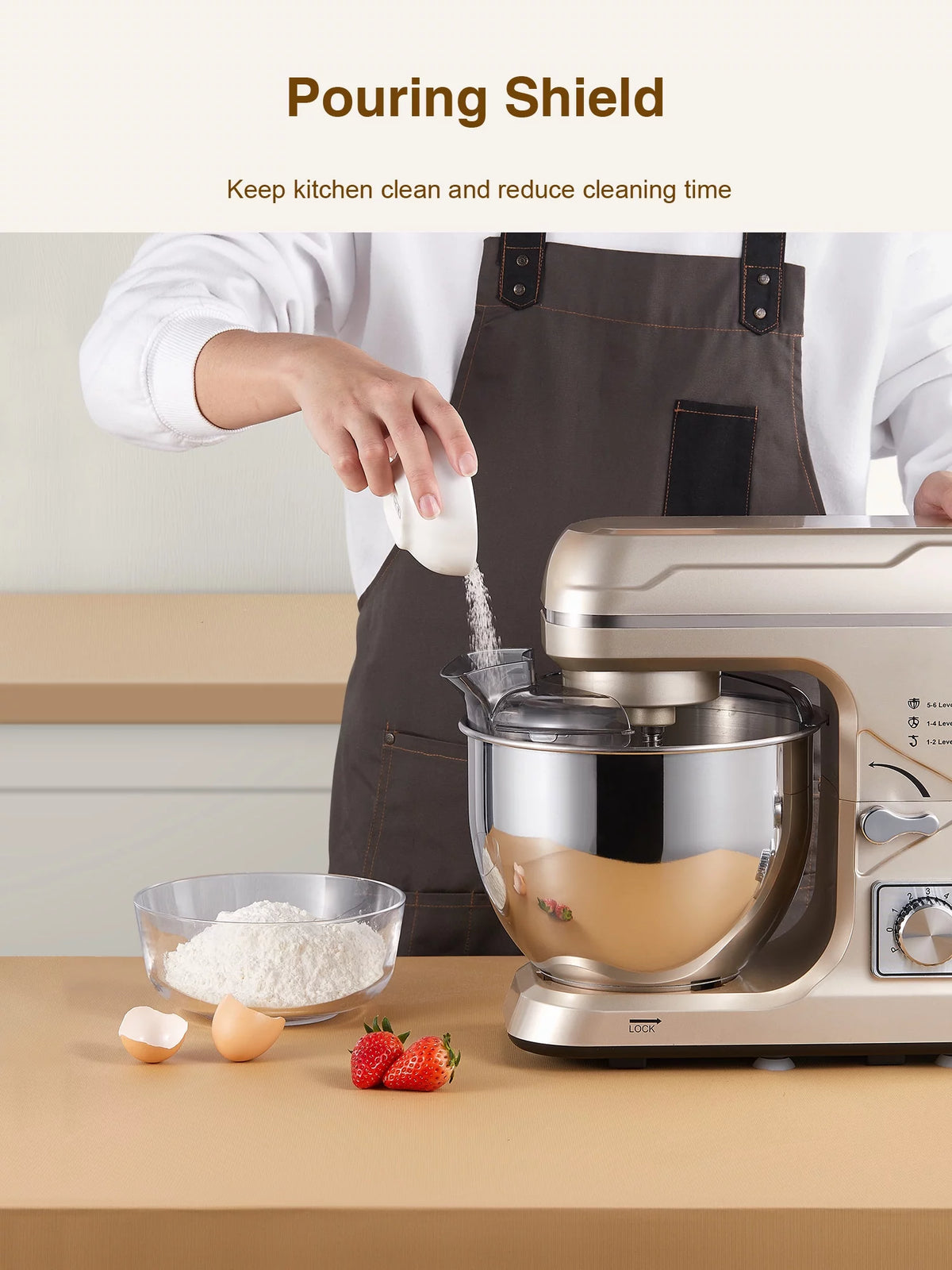 5.5QT Tilt-Head Stand Mixer with Dough Hook, Whisk & Beater, Gold Y234469