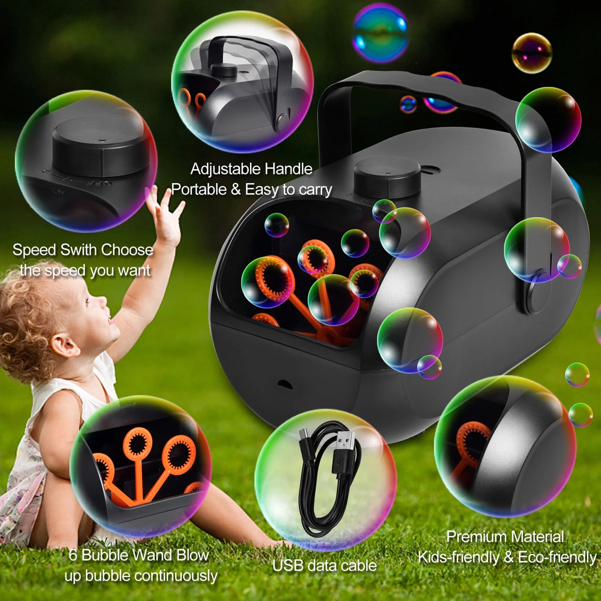 Portable Automatic Bubble Maker with 6 Bubble Wands V3560