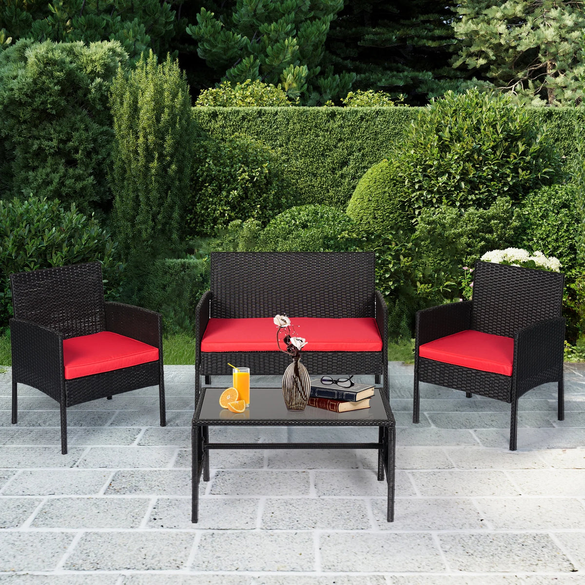 4 Piece Wicker Patio Conversation Set with Glass-Top Coffee Table & Gray Cushions V7590