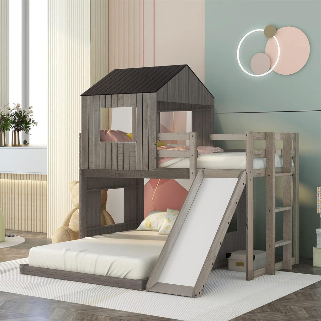 Twin Over Twin Wood Bunk Bed with Slide and Storage Staircase Q384