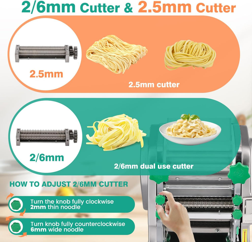Commercial Electric Pasta Maker 2-in-1 Automatic Noodle Machine Thickness Adjustable 2mm 6mm Noodle Heavy Duty Dough Roller Pressing Machine 750W W904106