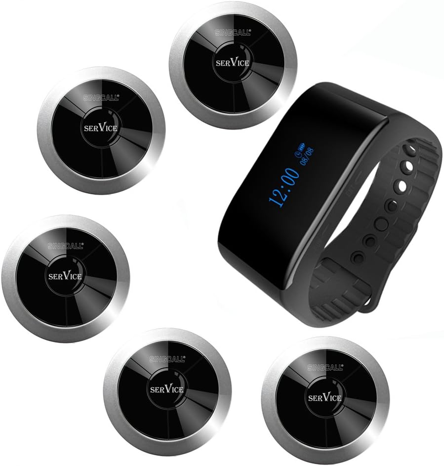Wireless Calling System, Waterproof Pager Watch Receiver, Pack of 5 Pagers and 1 Receiver R159