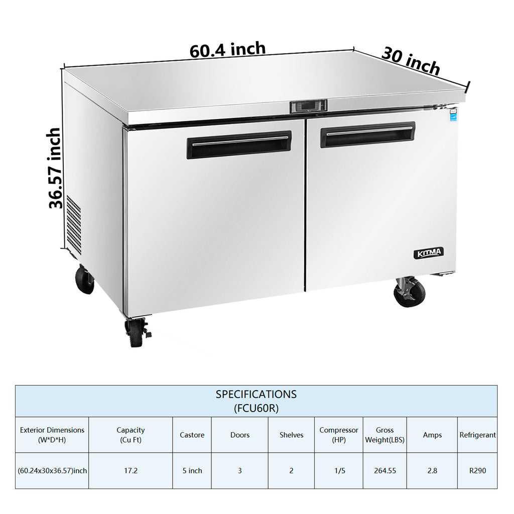 Commercial 2 Door Undercounter Refrigerators, 17 Cu. Ft Side by Side Stainless Steel Worktop Fridge S465