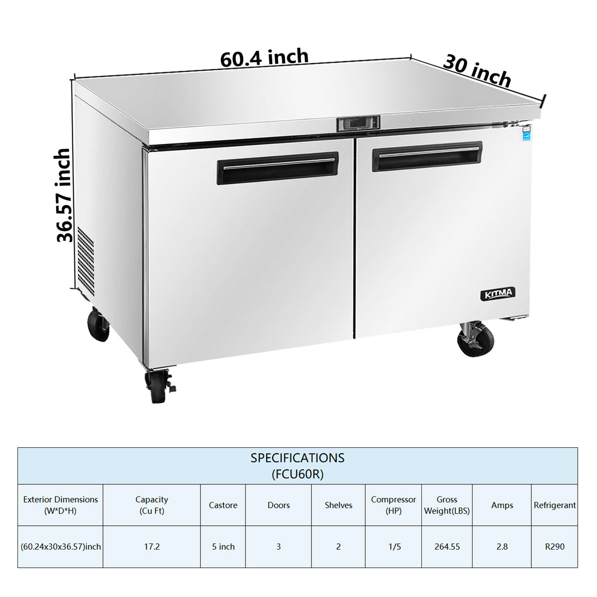 Commercial 2 Door Undercounter Refrigerators, 17 Cu. Ft Side by Side Stainless Steel Worktop Fridge S465
