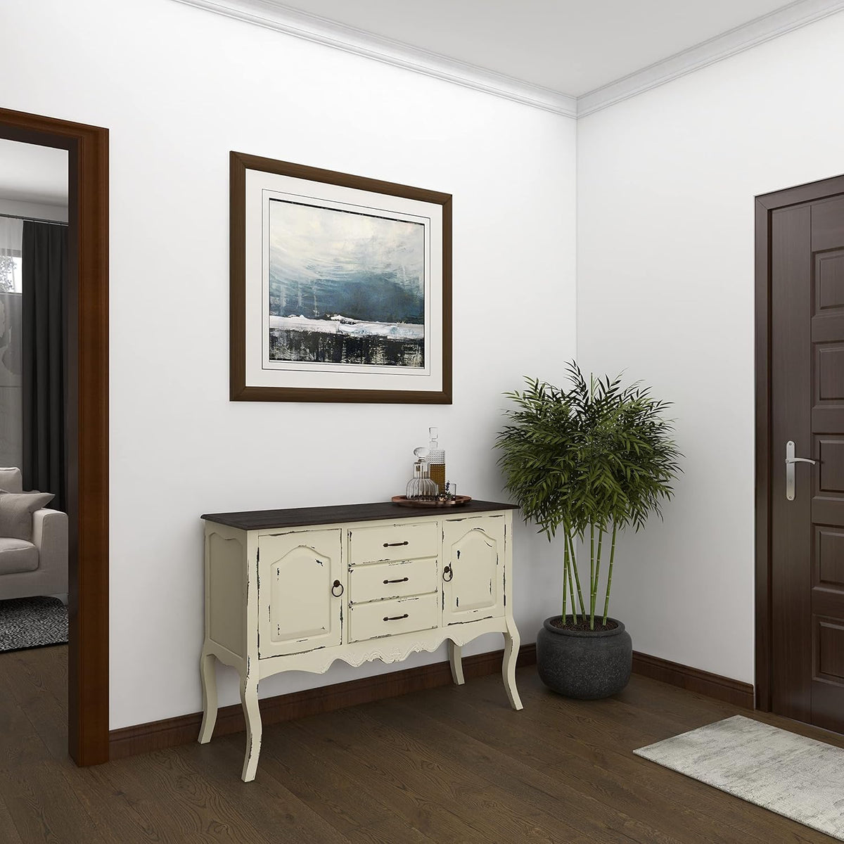 Beige & Brown Wood Cabinet with 3 Drawers and 2 Cabinets N80541