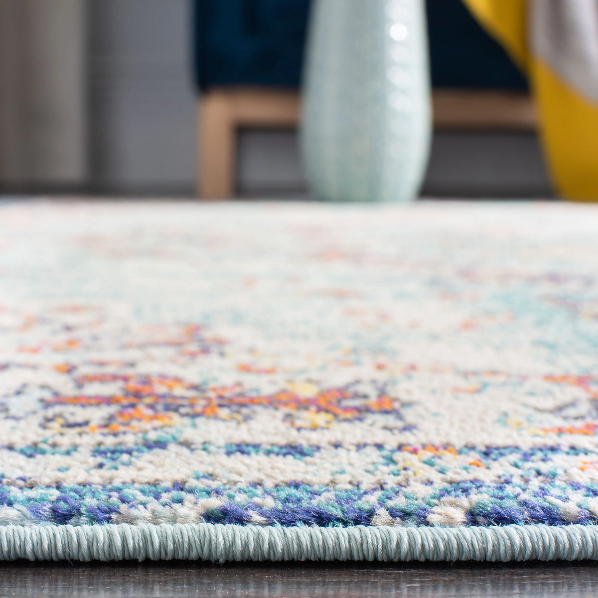 Navy Light Blue Vintage Floral Round Area Rug Y77069