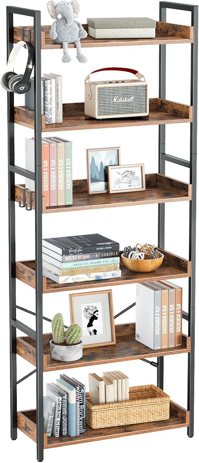 Rustic Brown 6 Tier Wood Bookshelf with 4 Hooks Metal Frame T80000