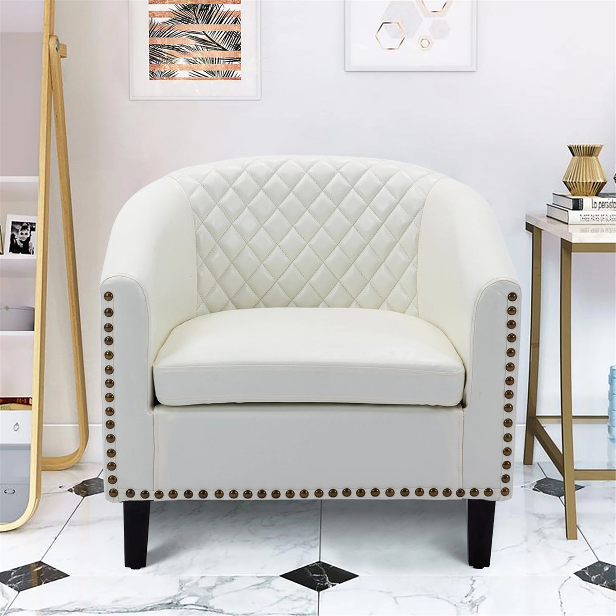 White PU Leather Barrel Club Chair with Solid Wood Legs N4080