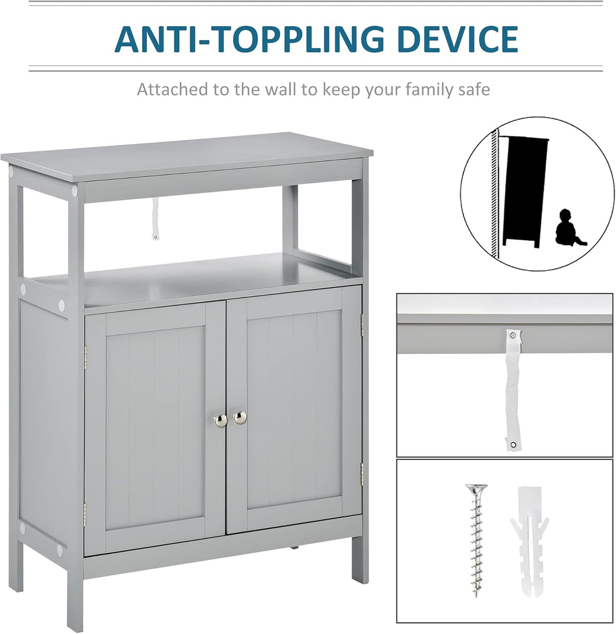 Grey Freestanding Bathroom Storage Cabinet with Doors and Open Shelf E403043