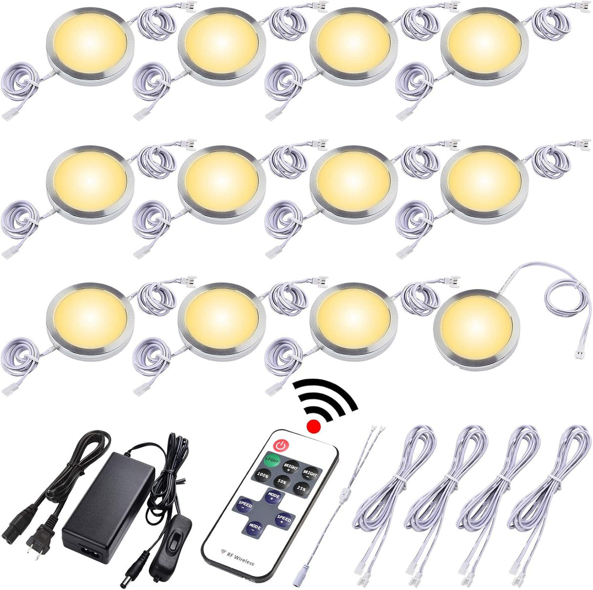 Under Cabinet LED Puck Lights, Dimmable Wireless RF Remote Control, Linkable Wired, AC120V to DC12V, Hardwired or Wall Plug, 14 Lights, Warm White M356304