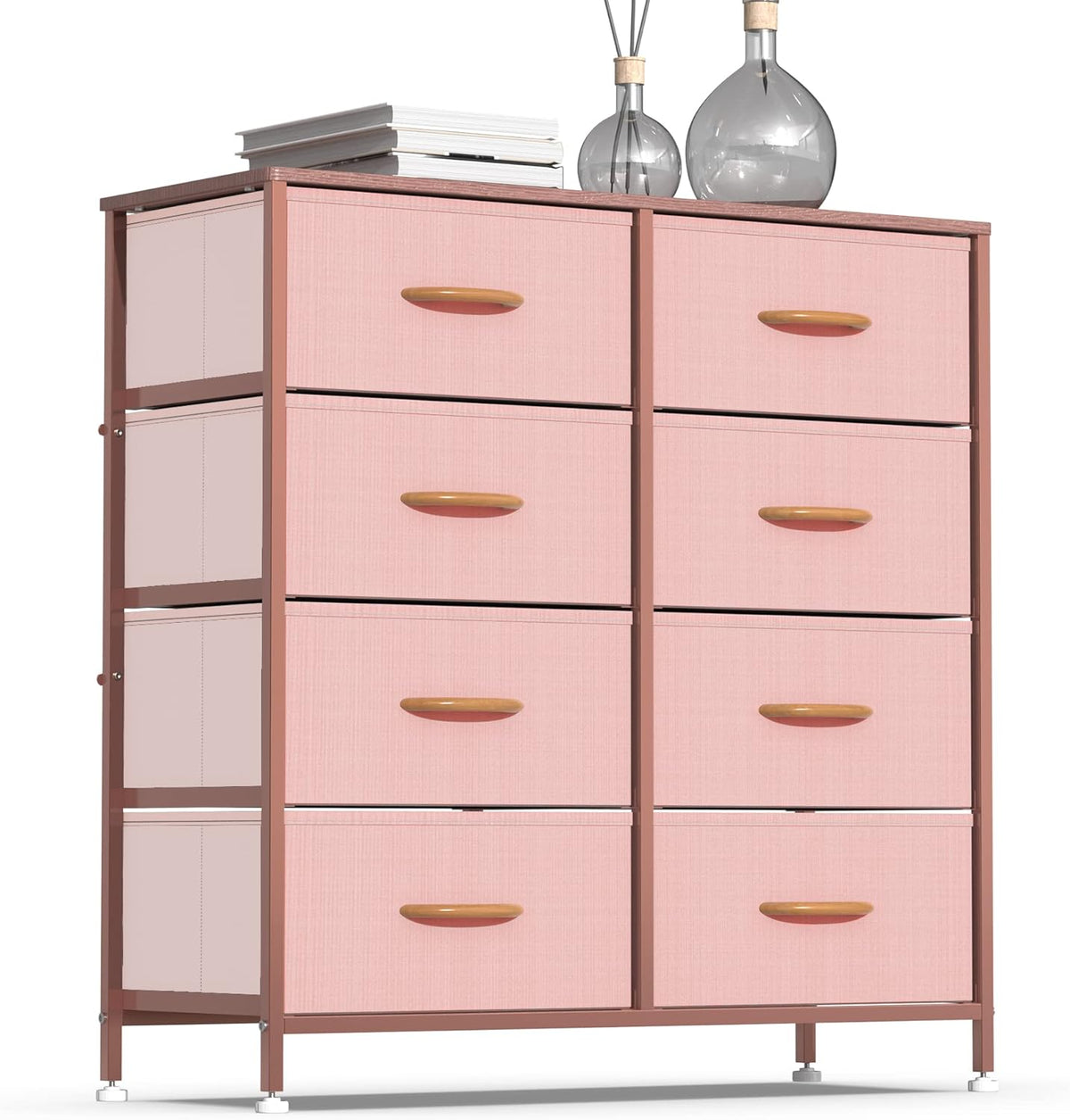 Vertical Dresser Storage Tower, Steel Frame, Wood Top, Fabric Bins, 8 Drawers, Dark Indigo C7002
