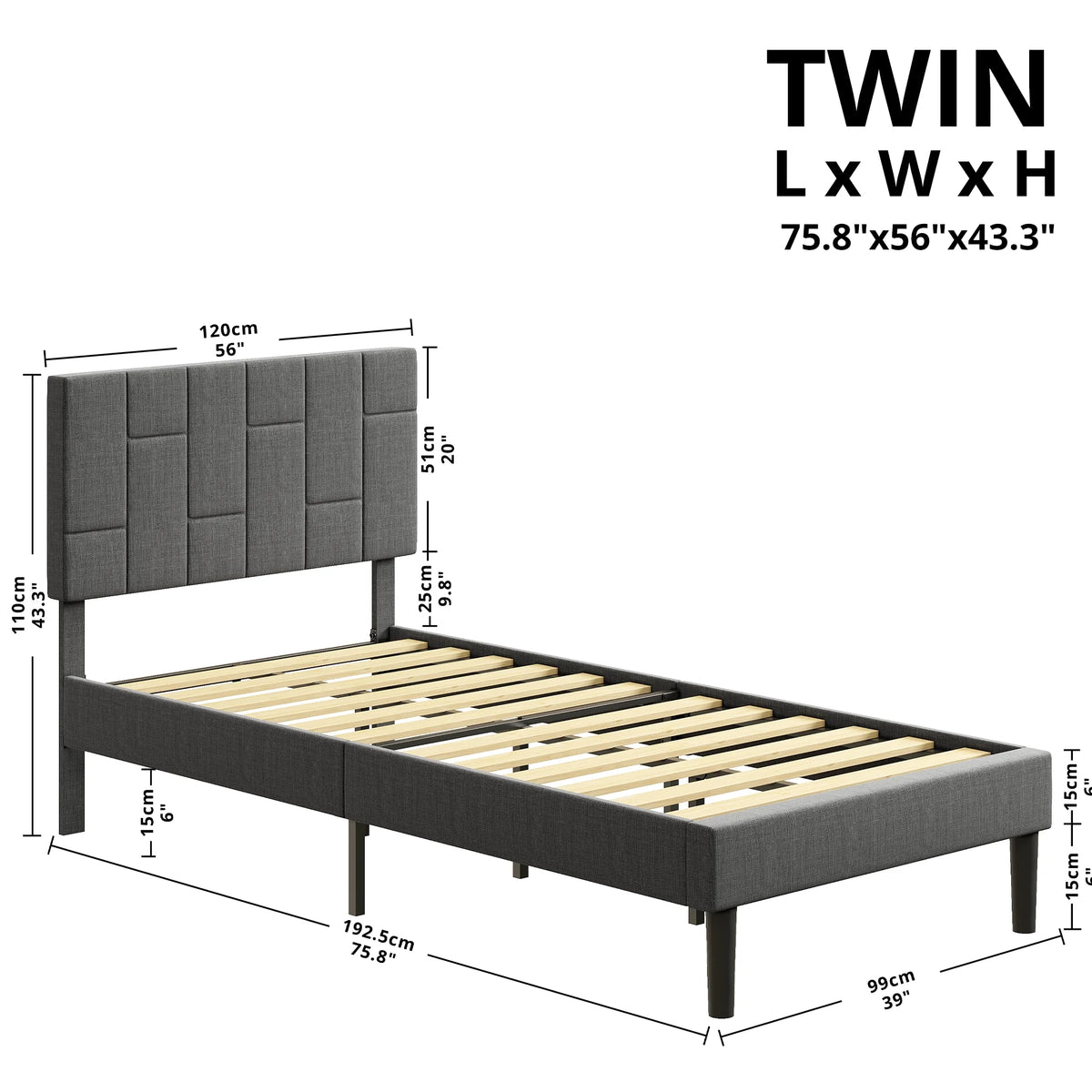 Twin Bed Frame with Upholstered Headboard Z995124