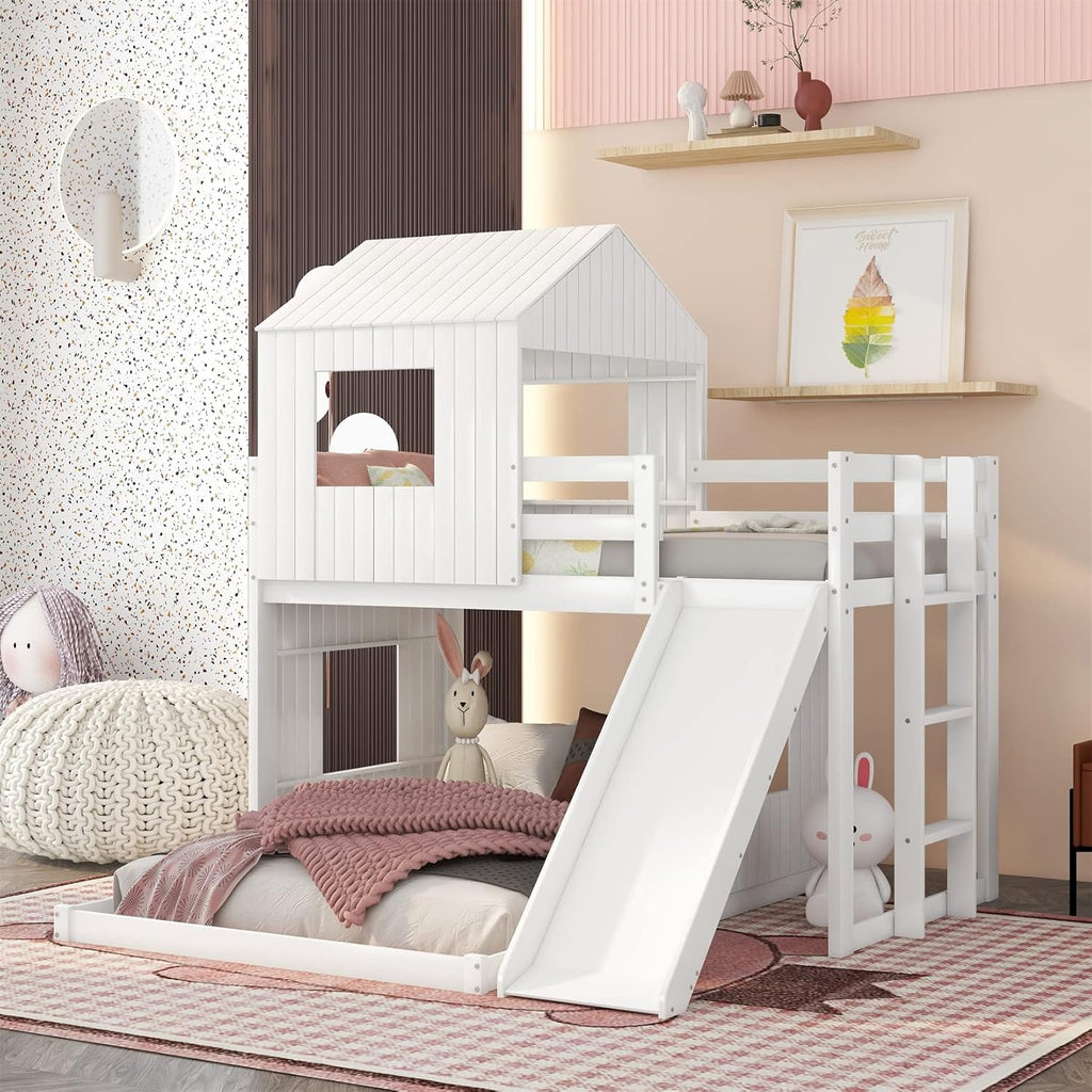 Twin Over Twin Wood Bunk Bed with Slide and Storage Staircase Q384