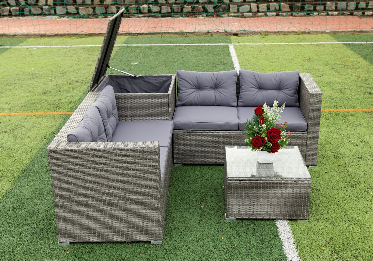 4 Pcs Patio Rattan Wicker Sectional Sofa Set with Glass Coffee Table and Storage Box Z7198