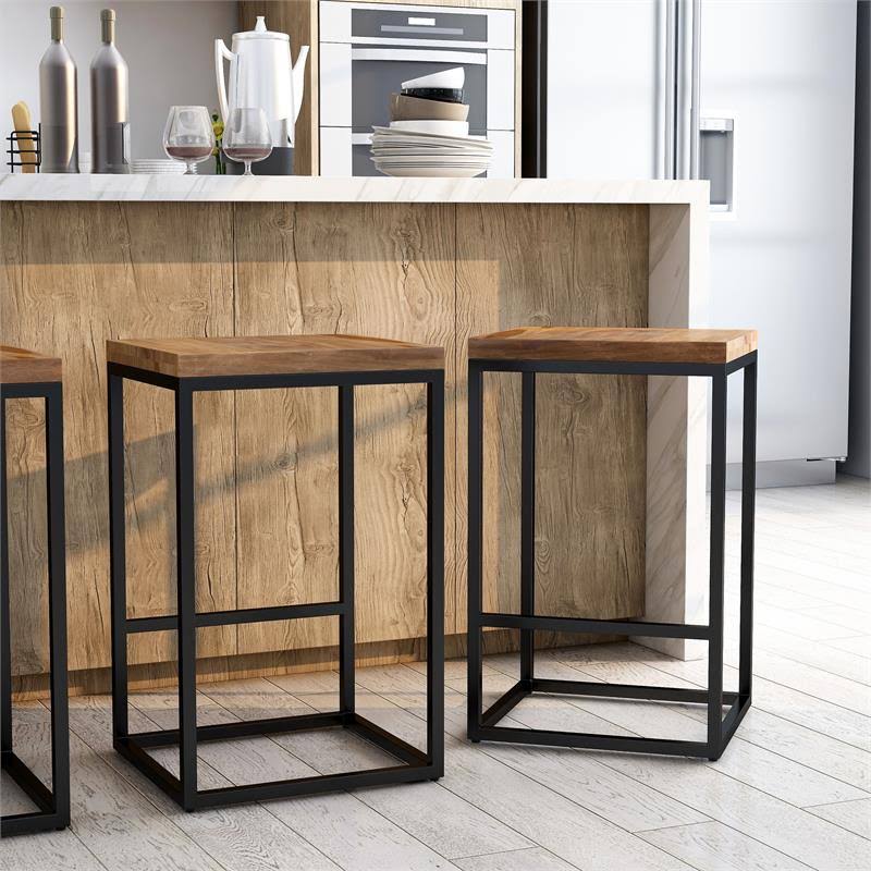 Rustic Metal Square Barstool in Natural Oak X9101
