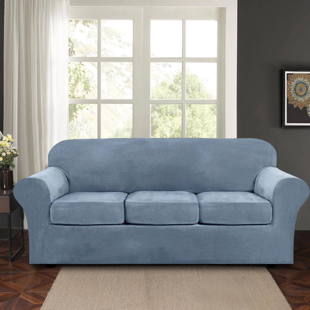 Velvet Plush Sofa Covers Gray Blue 3-Seater N33368