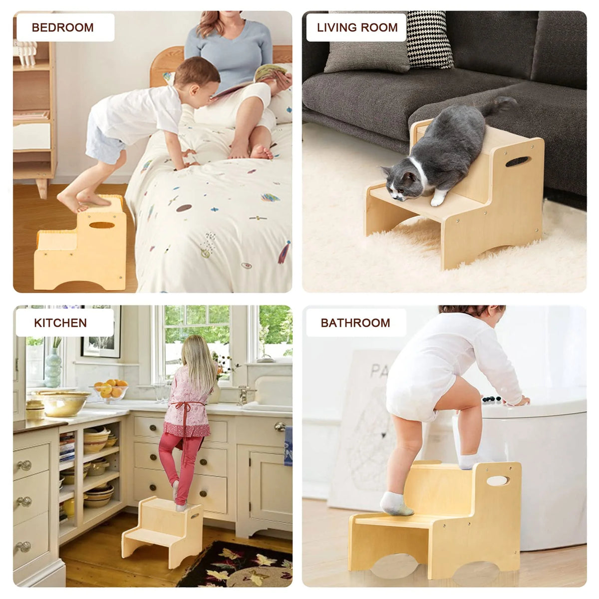 Natural Wooden Two Step Stool with Handles and Non-Slip Pads Q86180