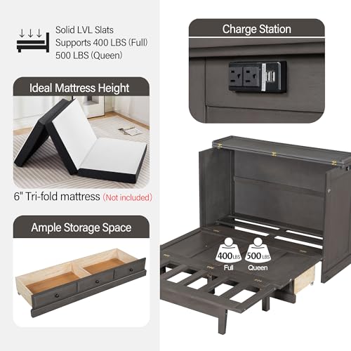 Queen Size Murphy Bed Cabinet with Charging Station and Storage Drawer B686645