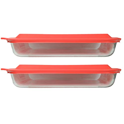 2 Oblong Clear Glass Casserole Baking Dishes with Red Lids A2616
