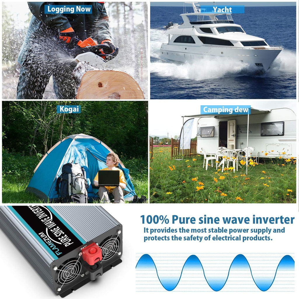 Pure Sine Wave Power Inverter 4000Watt 12V DC to AC 110V with Remote Control 4 AC Outlets Dual USB Port X95567