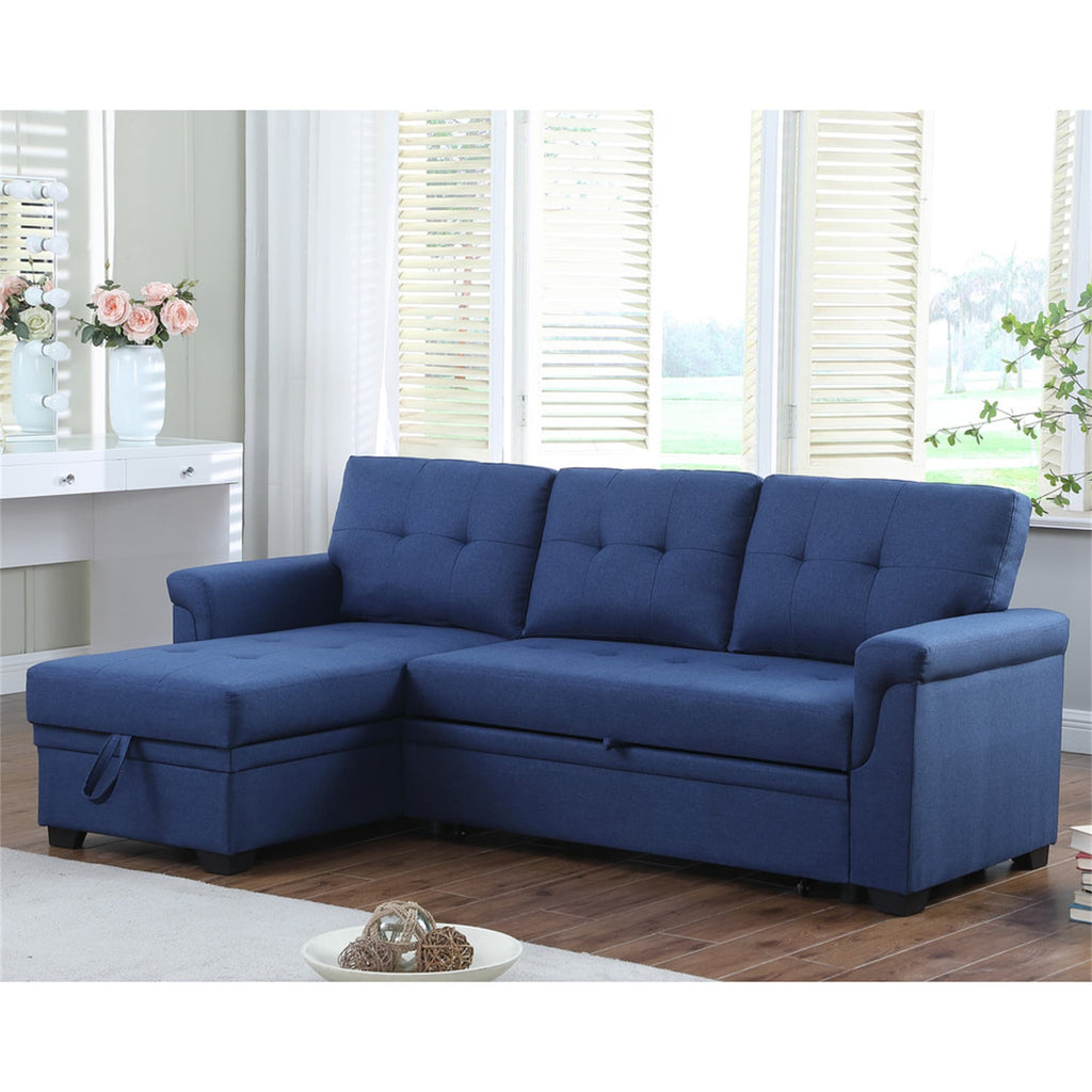Blue Linen Reversible Sleeper Sectional Sofa with Storage Chaise B5179