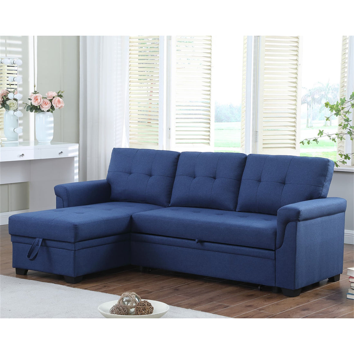 Blue Linen Reversible Sleeper Sectional Sofa with Storage Chaise B5179