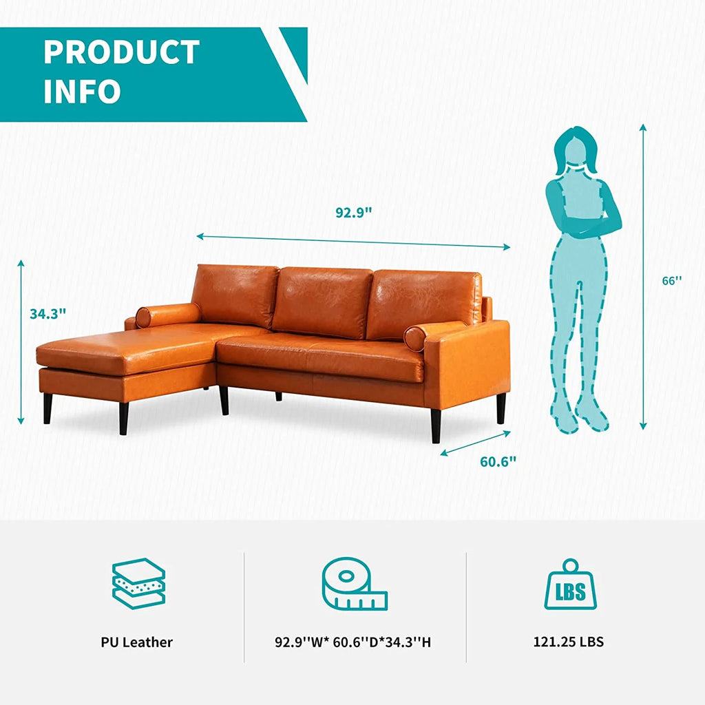 Convertible Sectional Sofa with Reversible Chaise, 3 Seat Faux Leather L-Shape Sofa with 2 Cylindrical Pillows K25461