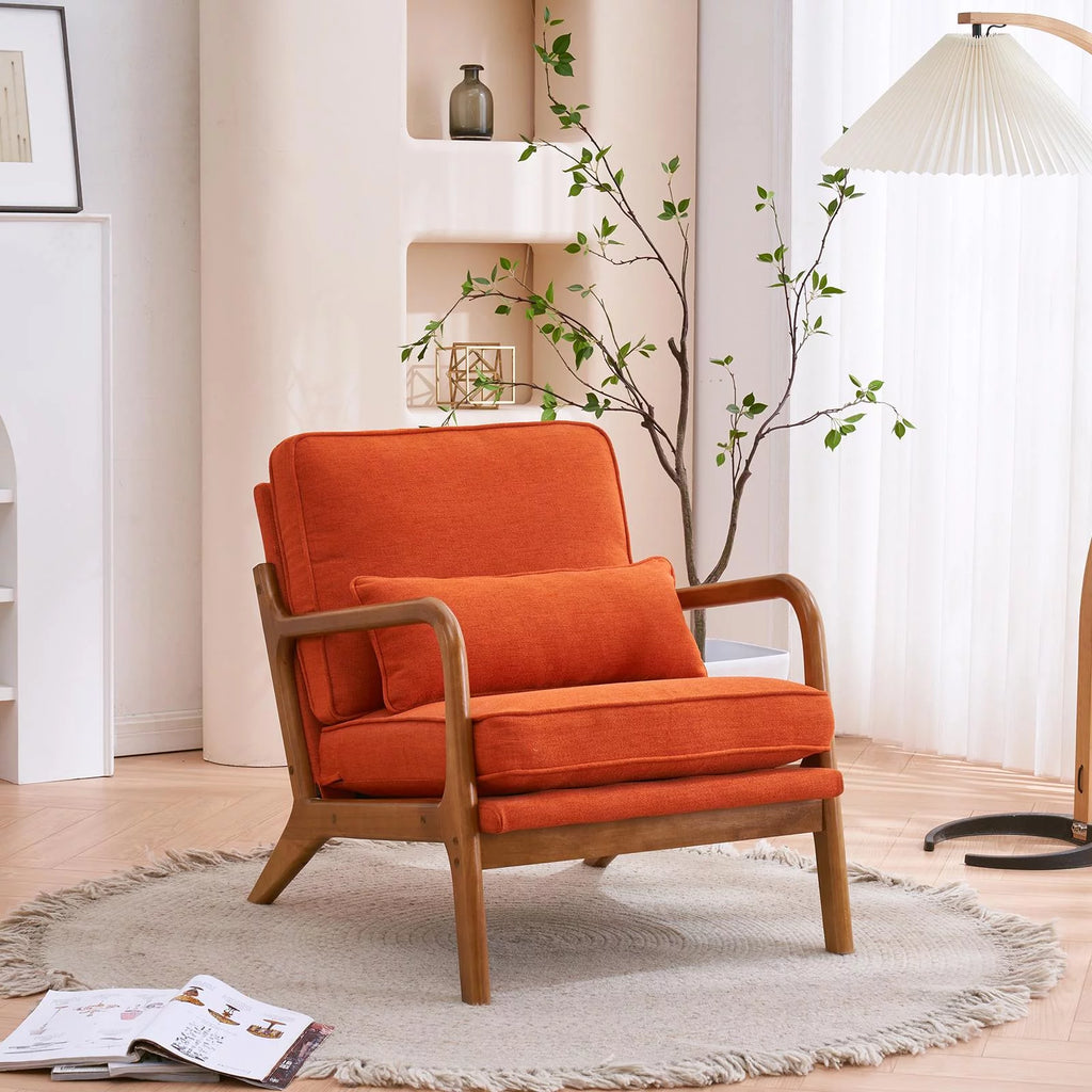 Beige Linen Fabric Upholstered Accent Chair with Solid Wood Frame X714