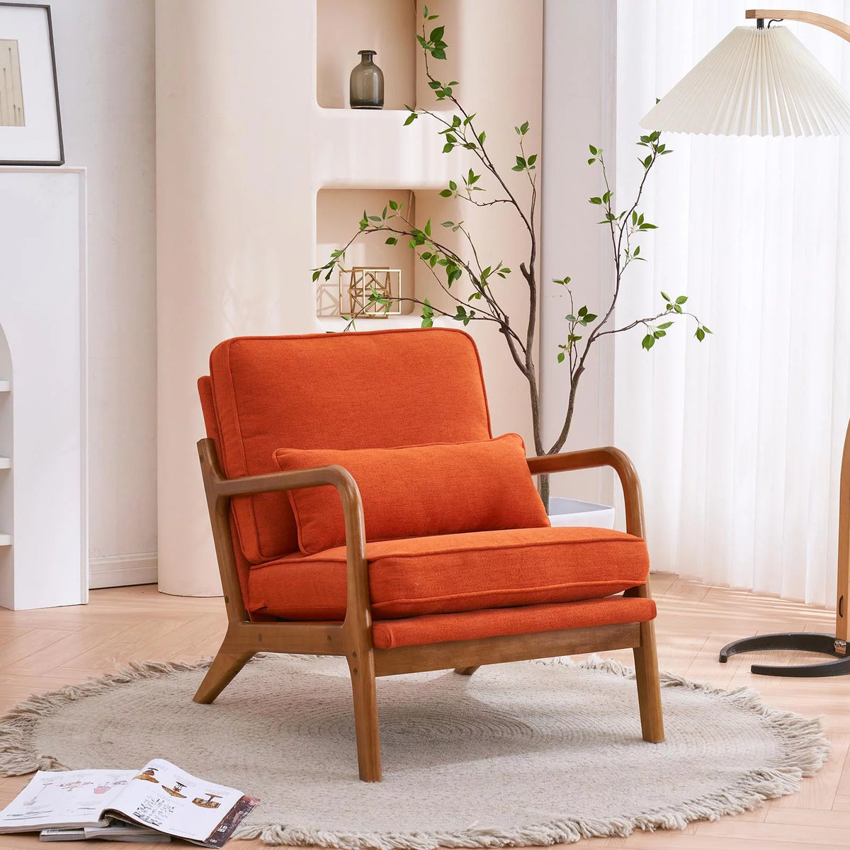 Beige Linen Fabric Upholstered Accent Chair with Solid Wood Frame X714