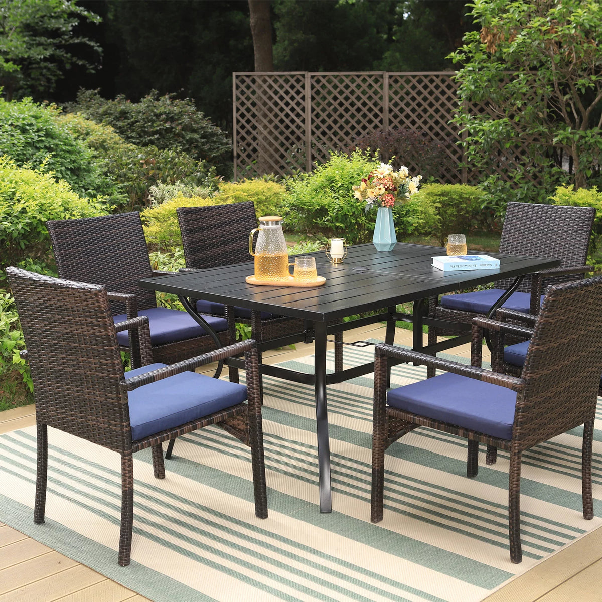 7-Piece Outdoor Patio Dining Set with Metal Table and 6 Rattan Cushioned Chairs R280339