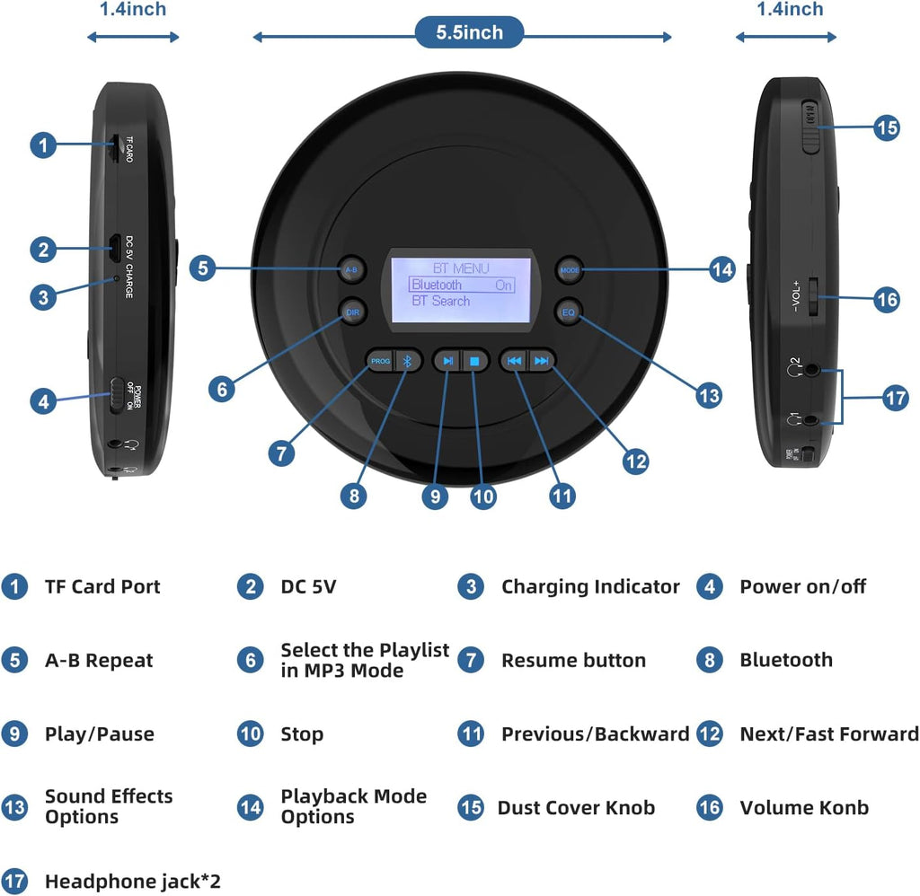 Pack of 2 Portable Bluetooth CD Player with Dual Headphone Jack V972712